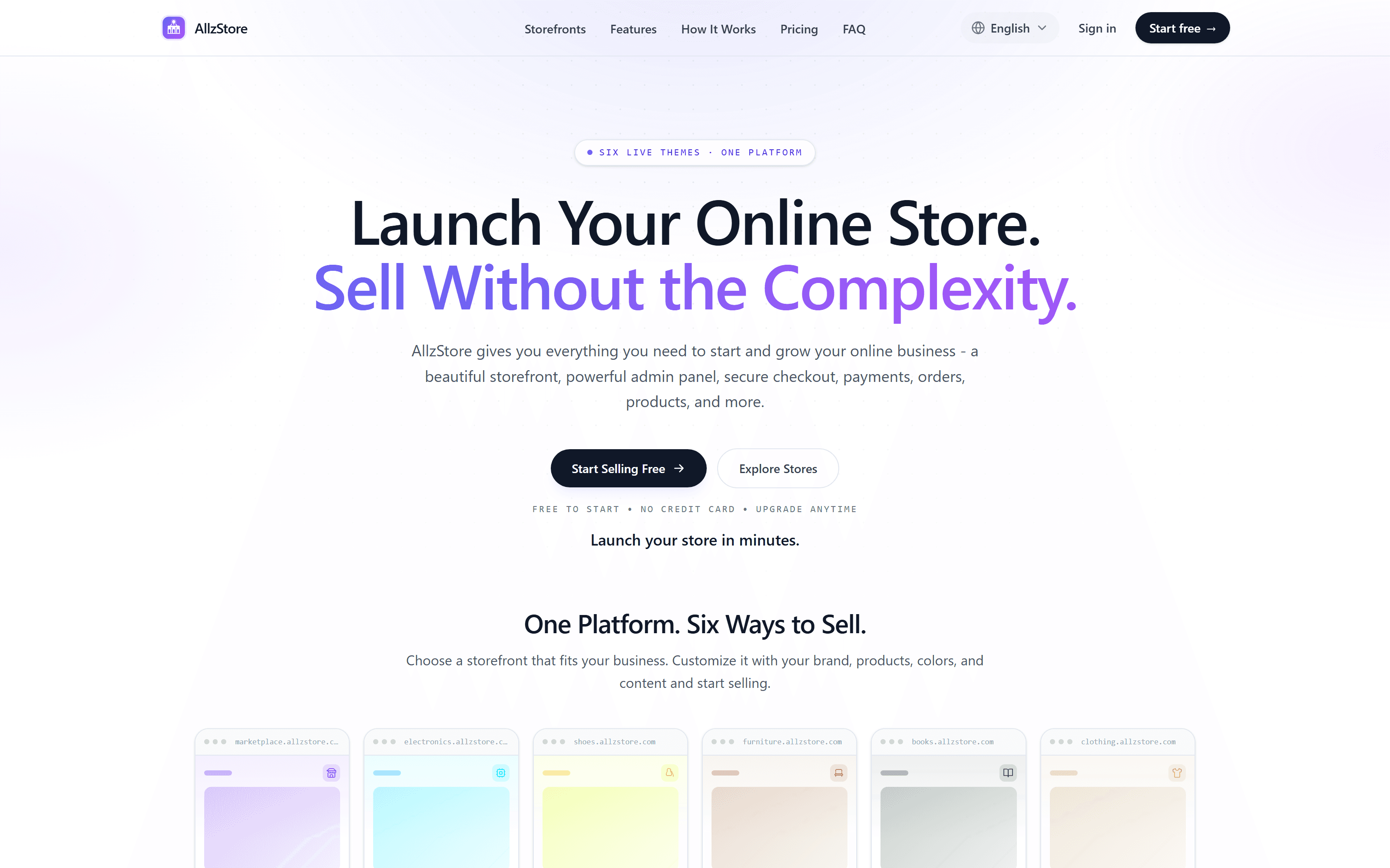 AllzStore homepage with the headline "Launch Your Online Store. Sell Without the Complexity."