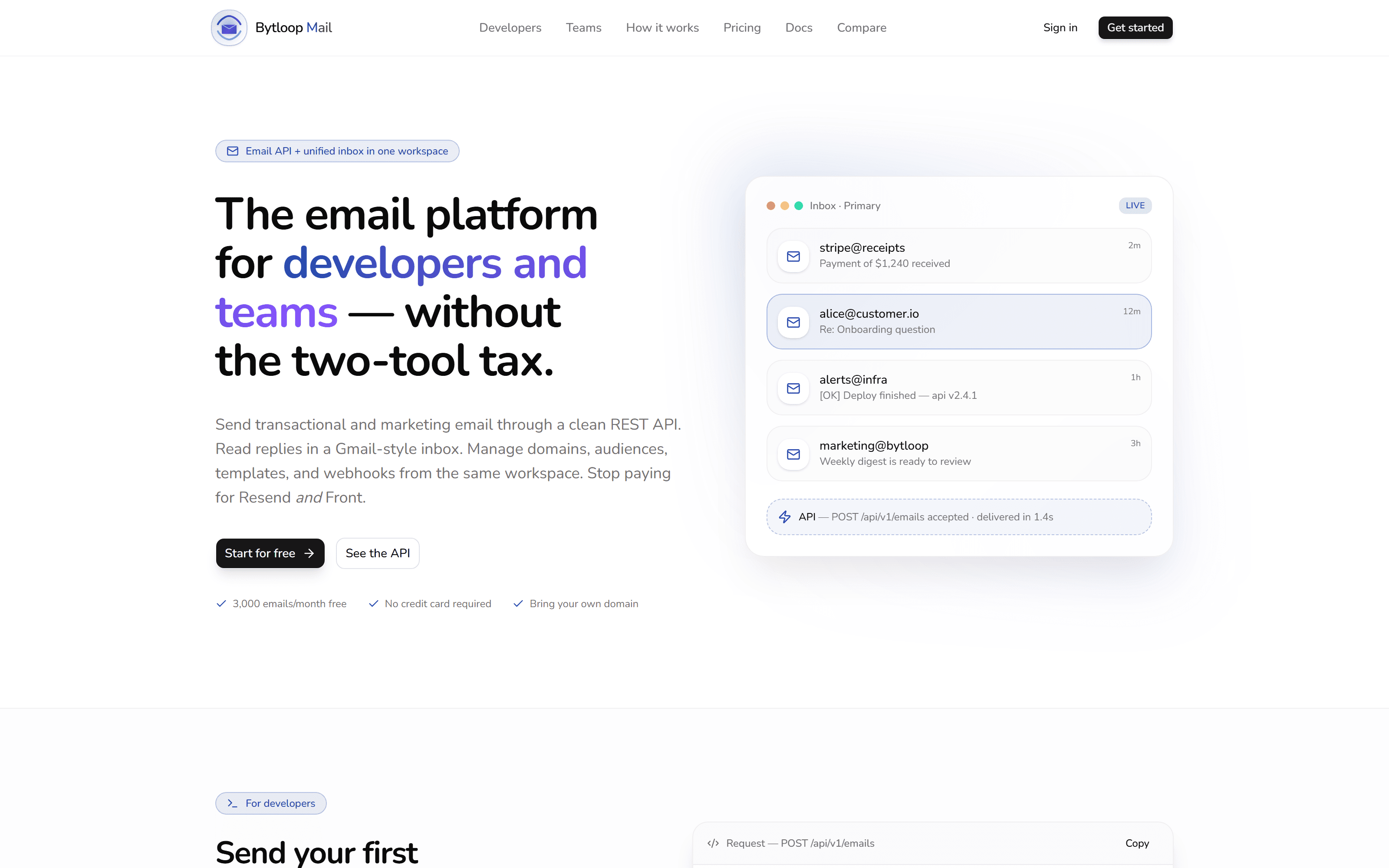 Bytloop Mail homepage with the headline "The email platform for developers and teams" next to a live inbox preview.