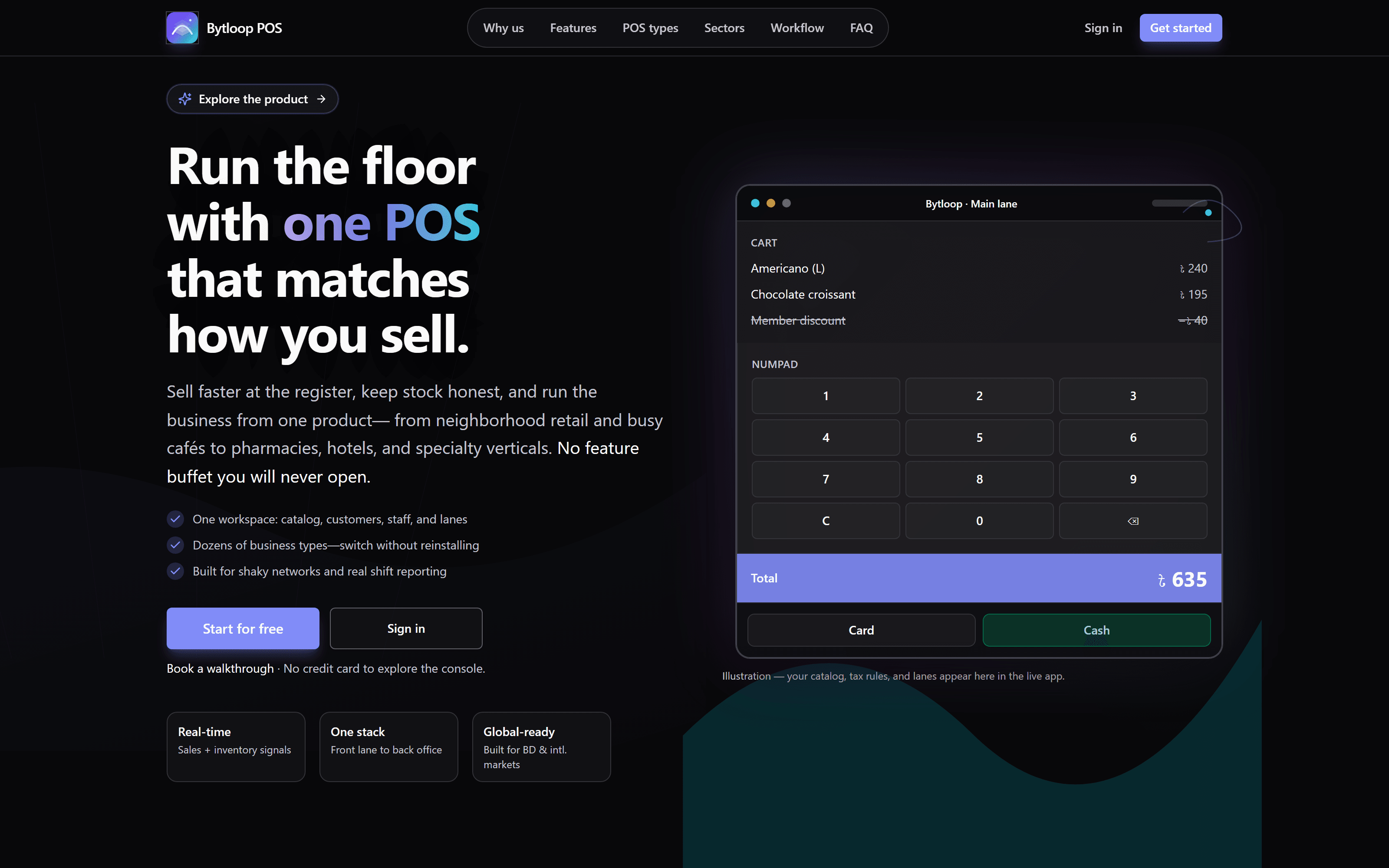 Bytloop POS homepage with the headline "Run the floor with one POS that matches how you sell" next to a live checkout lane preview.