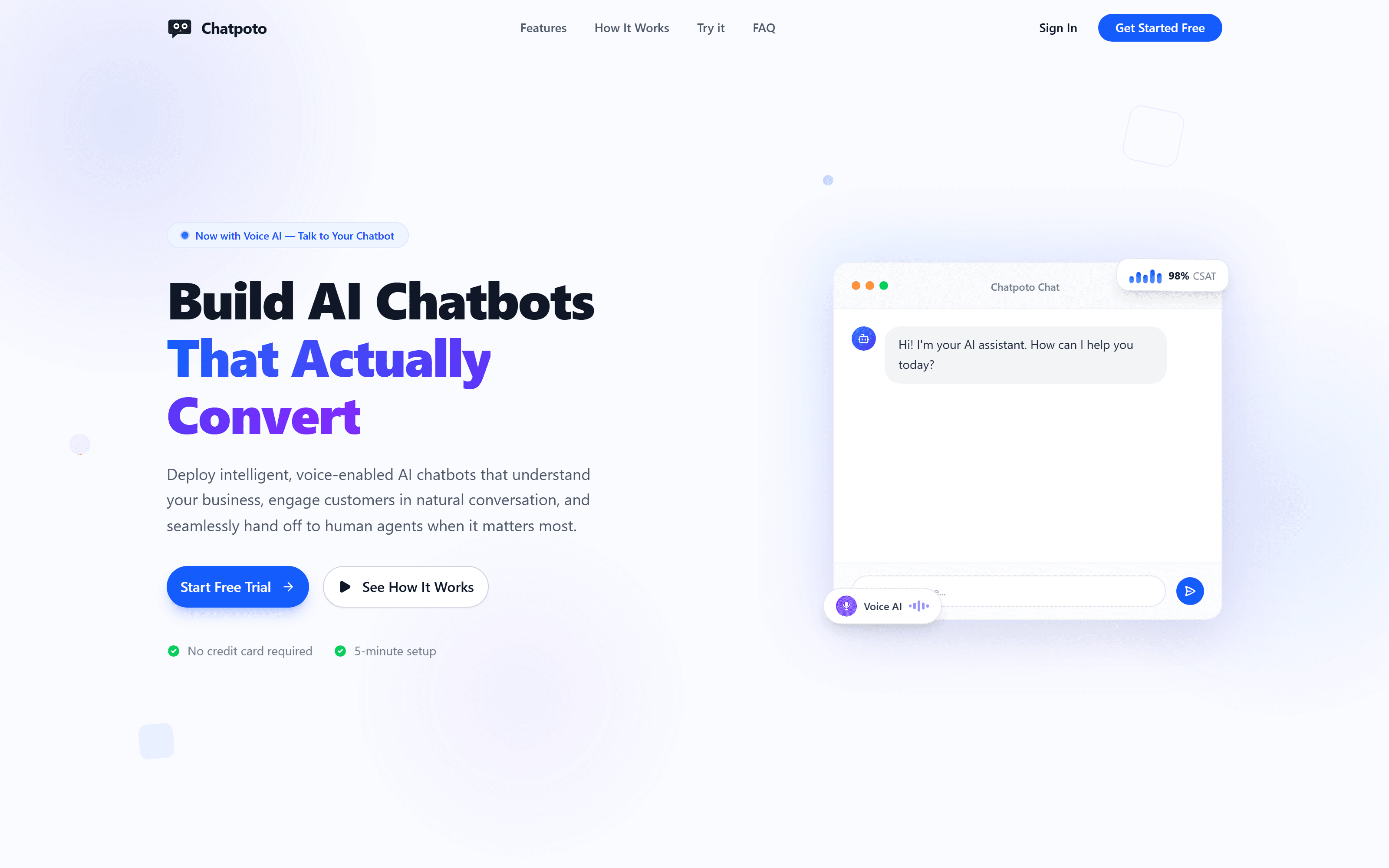 Chatpoto homepage with the headline "Build AI Chatbots That Actually Convert" next to a live chat widget with a voice AI toggle.