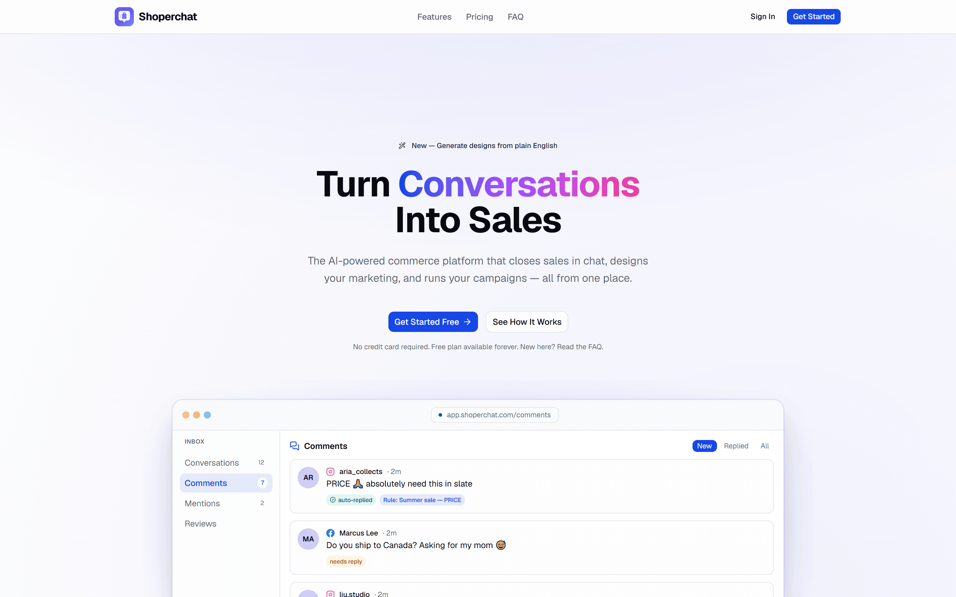 Shoperchat homepage with the headline "Turn Conversations Into Sales" next to a live comment inbox preview.