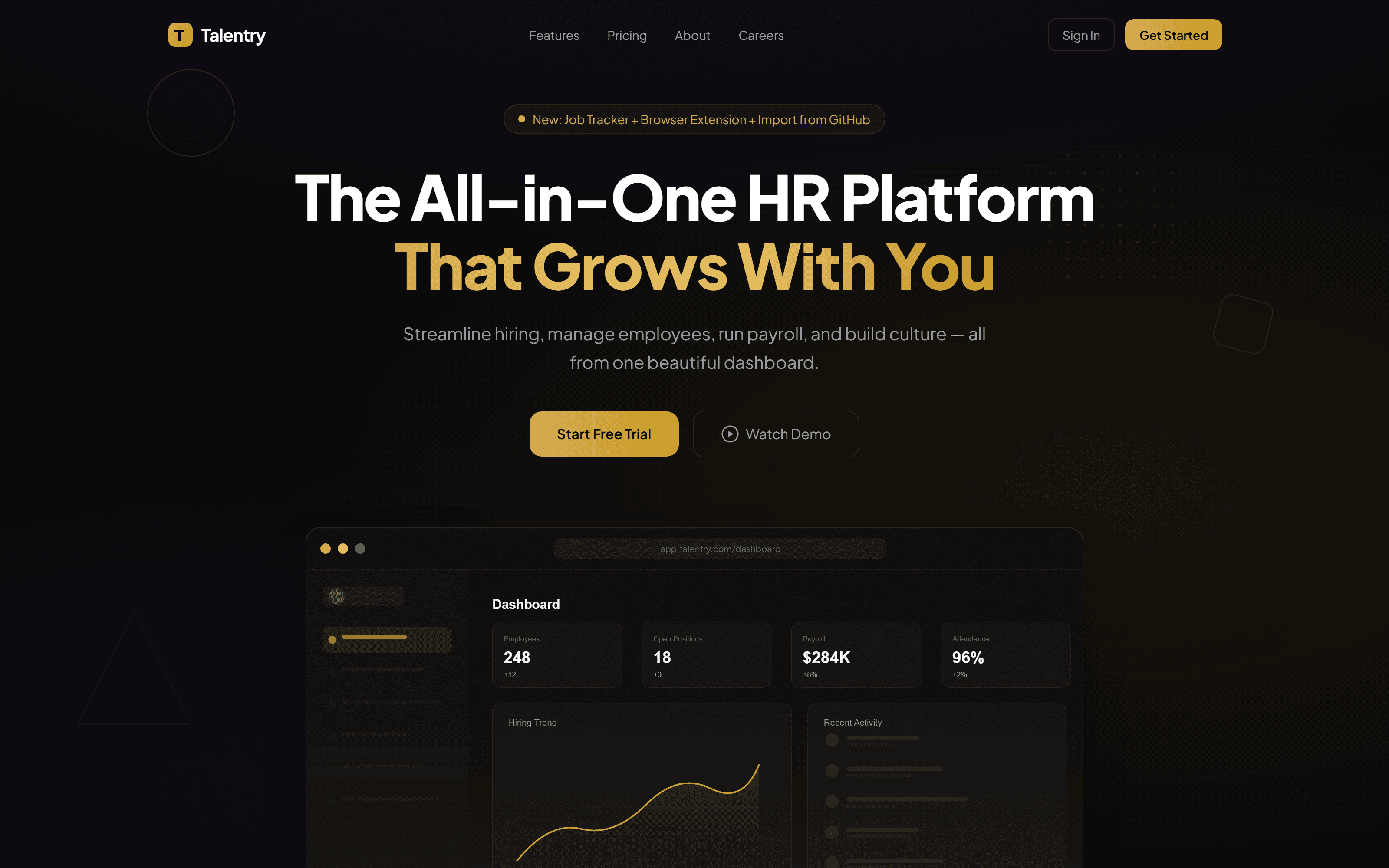 Talentry homepage with the headline "The All-in-One HR Platform That Grows With You" above a dashboard preview showing employee, payroll, and attendance stats.