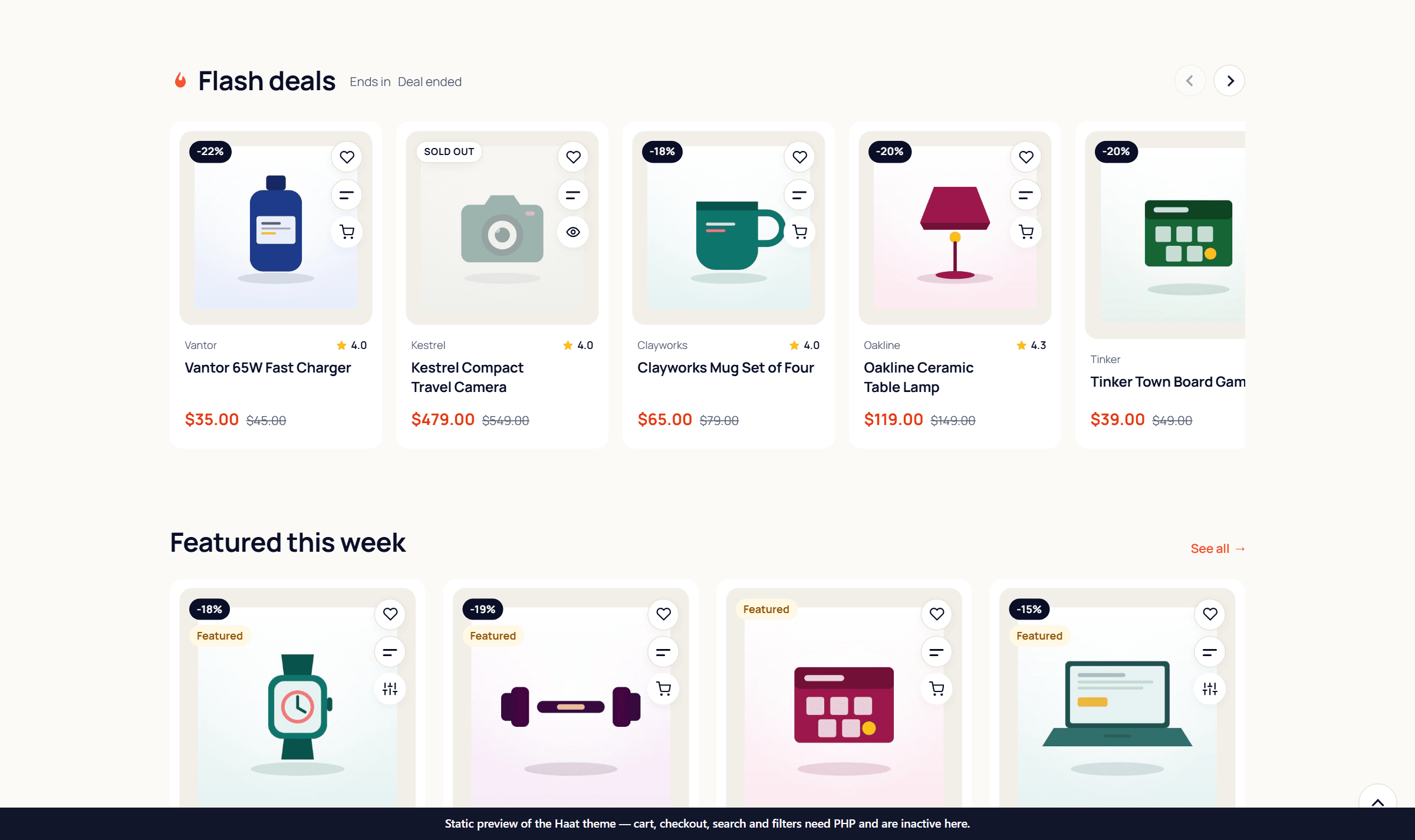 The Haat theme's flash-deals rail with live countdowns and per-product discount badges, above a "Featured this week" product grid.